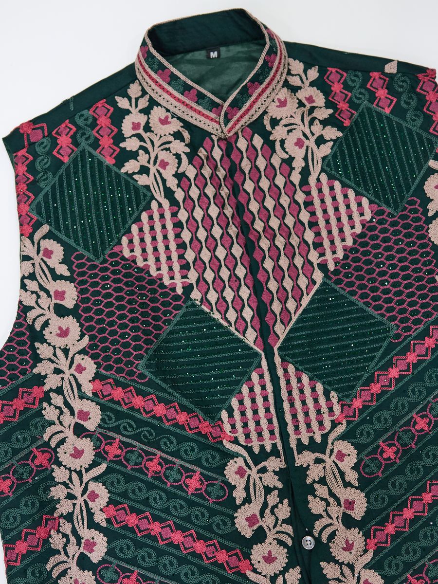 GREEN VISCOSE SILK THREAD & SWAROVSKI EMBOIDERED WORK KURTA KOTI - qivii