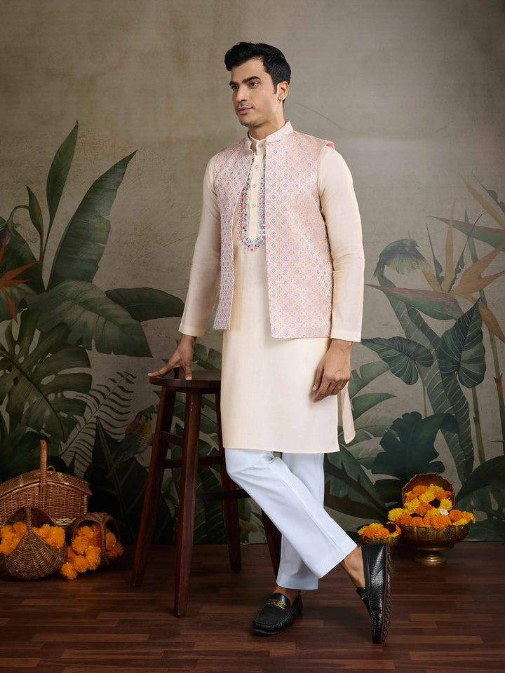 Oyster Pink Real Mirror Thread Work Kurta Set With Jacquard Design Work Jacket - qivii