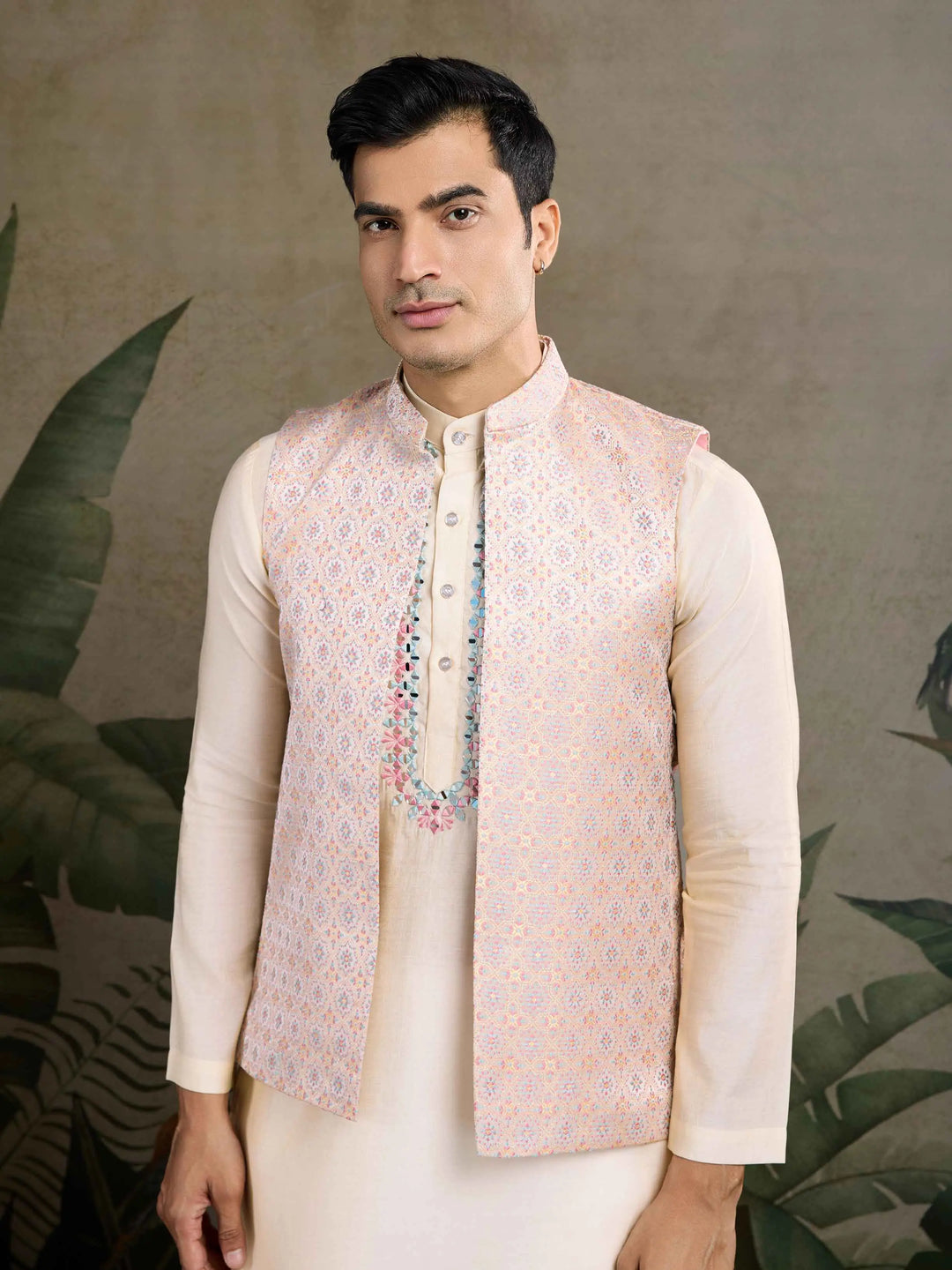 Oyster Pink Real Mirror Thread Work Kurta Set With Jacquard Design Work Jacket - qivii