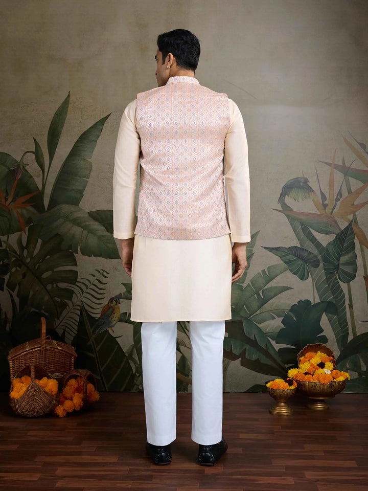 Oyster Pink Real Mirror Thread Work Kurta Set With Jacquard Design Work Jacket - qivii