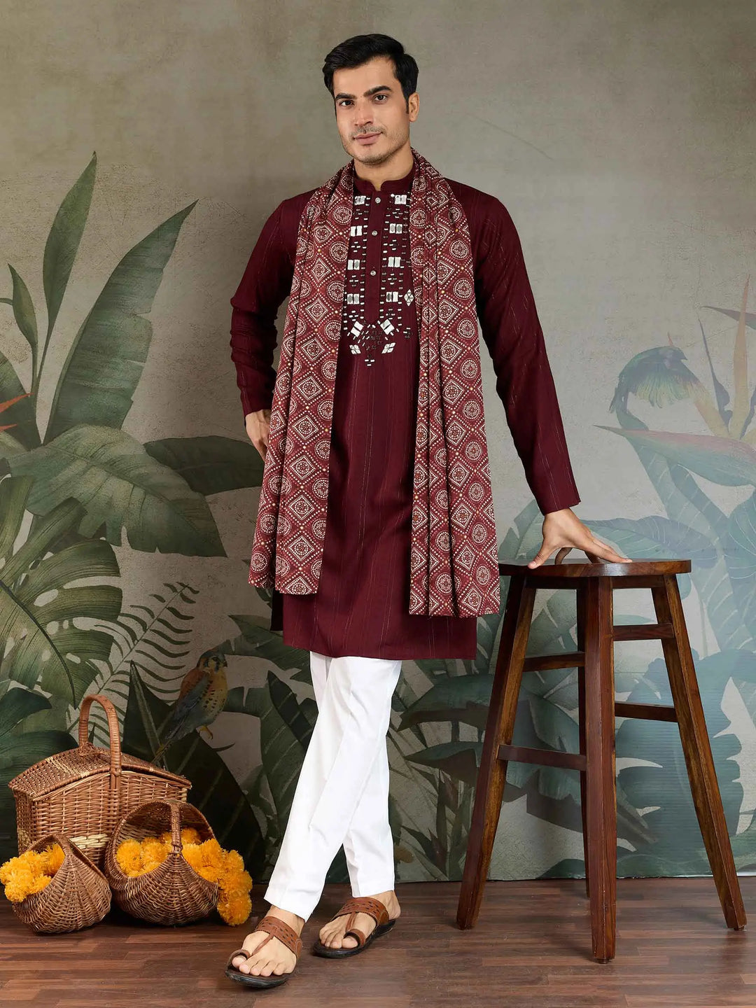 Maroon Mirror And Zari Weaving Work Kurta With Printed Dupatta - qivii