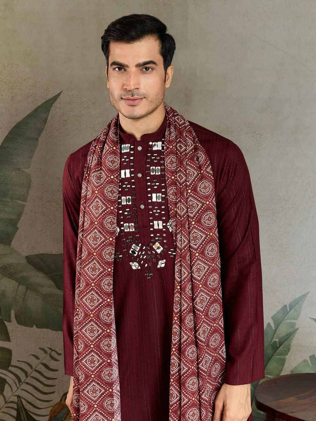 Maroon Mirror And Zari Weaving Work Kurta With Printed Dupatta - qivii