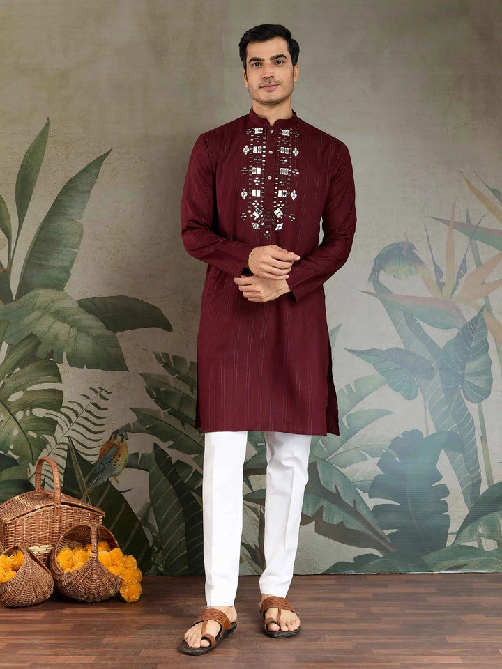 Maroon Mirror And Zari Weaving Work Kurta With Printed Dupatta - qivii