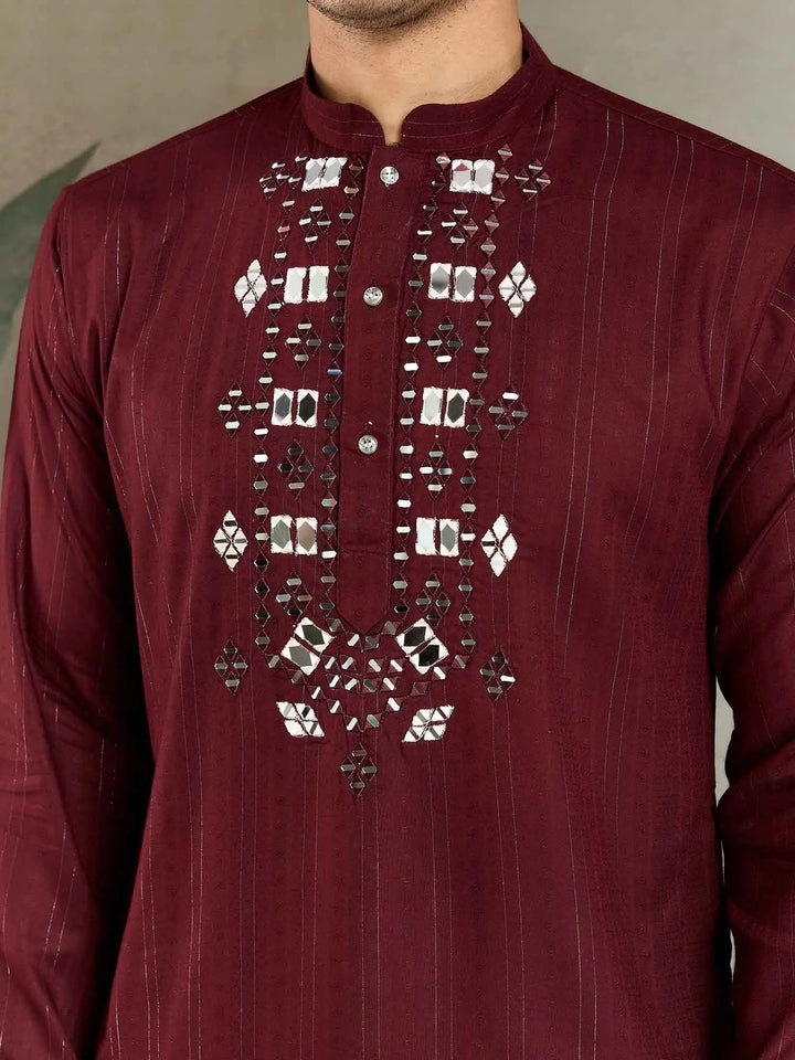 Maroon Mirror And Zari Weaving Work Kurta With Printed Dupatta - qivii