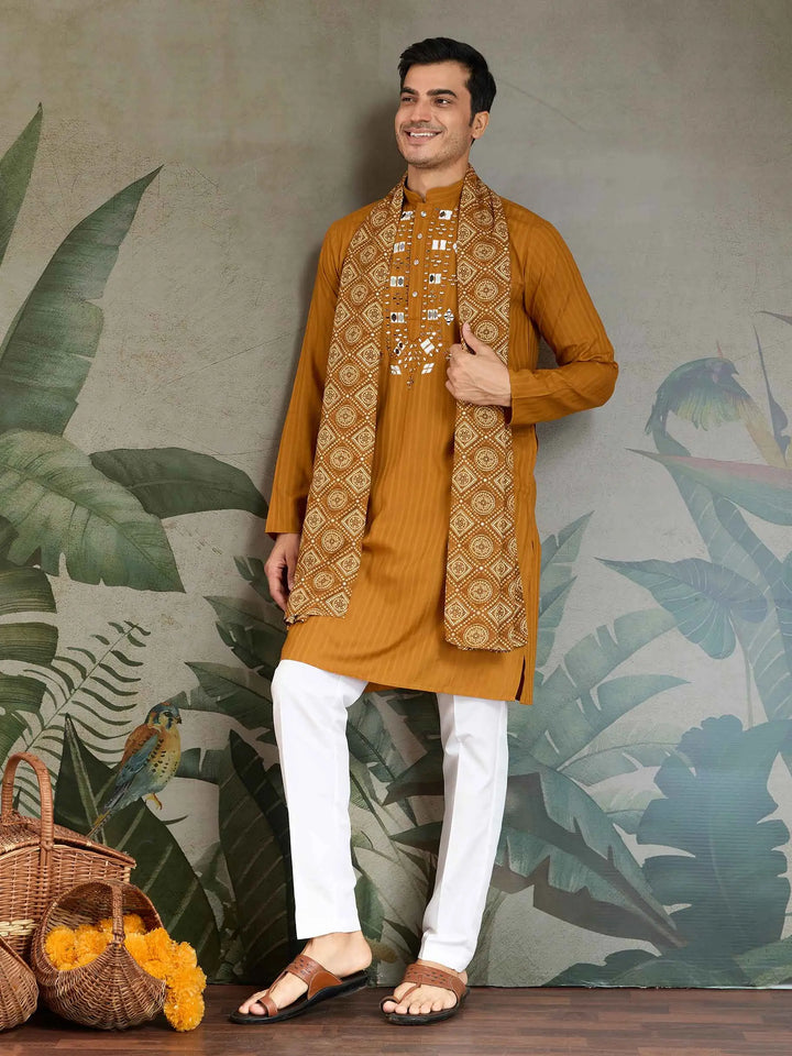 Mustard Yellow Mirror And Zari Weaving Work Kurta With Printed Dupatta - qivii
