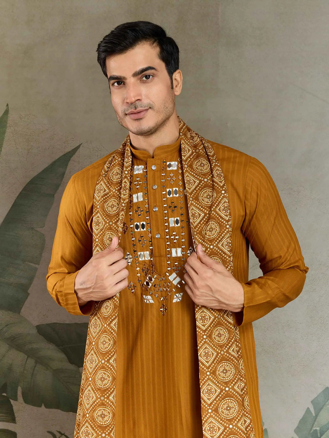 Mustard Yellow Mirror And Zari Weaving Work Kurta With Printed Dupatta - qivii