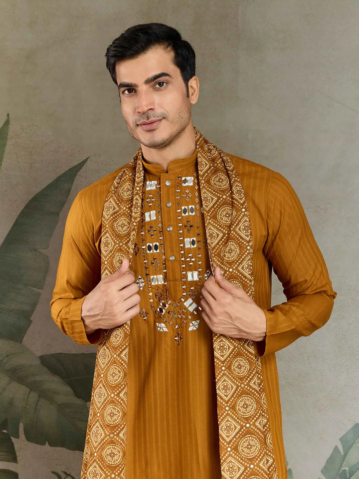 Mustard Yellow Mirror And Zari Weaving Work Kurta With Printed Dupatta - qivii