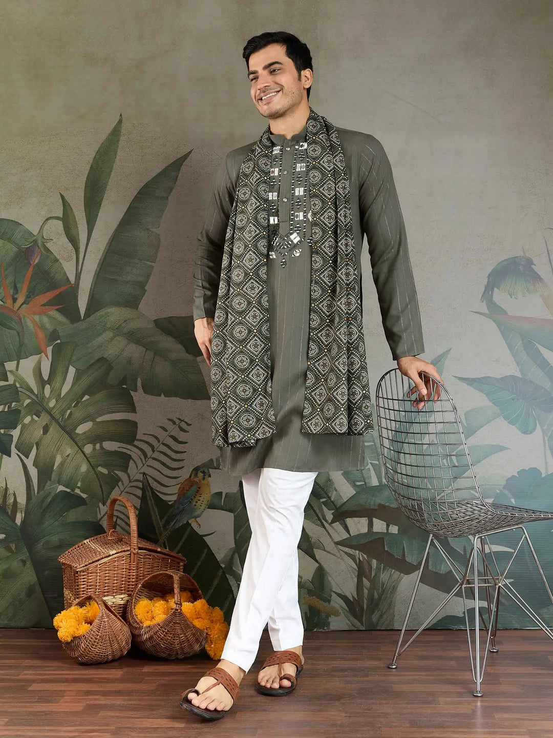 Olive Green Mirror And Zari Weaving Work Kurta With Printed Dupatta - qivii