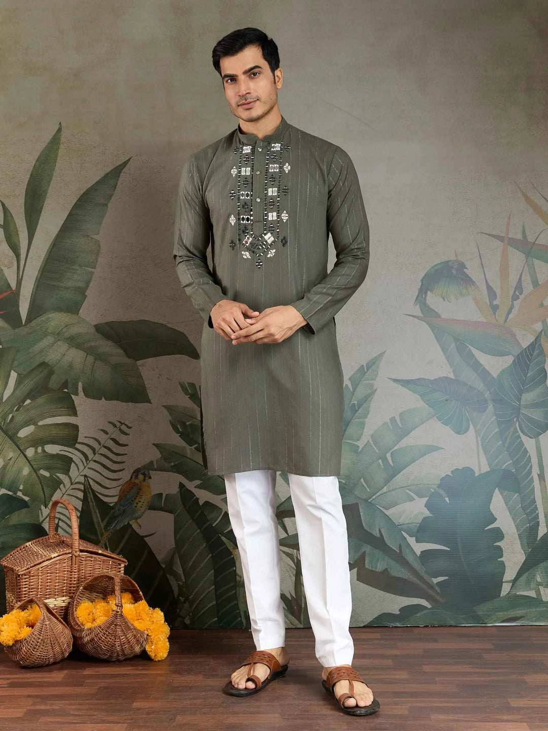 Olive Green Mirror And Zari Weaving Work Kurta With Printed Dupatta - qivii
