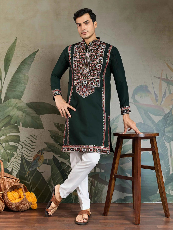 Dark Green Festive Wear Kurta Set With Multi Thread Sequins Embroidery Work - qivii