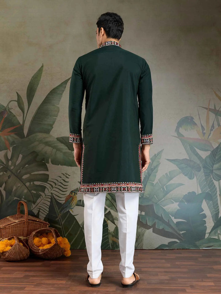Dark Green Festive Wear Kurta Set With Multi Thread Sequins Embroidery Work - qivii
