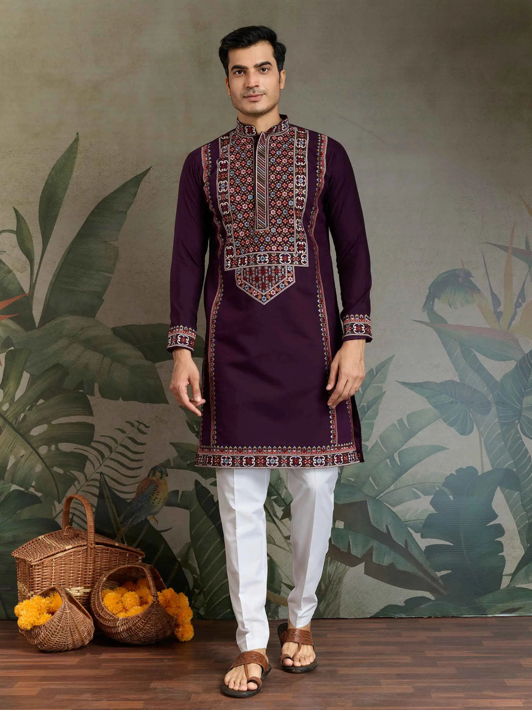Dark Purple Festive Wear Kurta Set With Multi Thread Sequins Embroidery Work - qivii