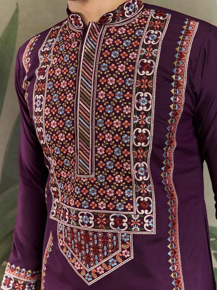 Dark Purple Festive Wear Kurta Set With Multi Thread Sequins Embroidery Work - qivii