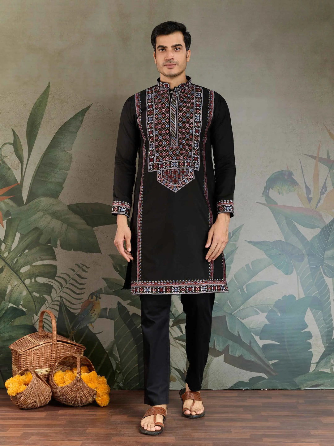 Black Festive Wear Kurta Set With Multi Thread Sequins Embroidery Work - qivii