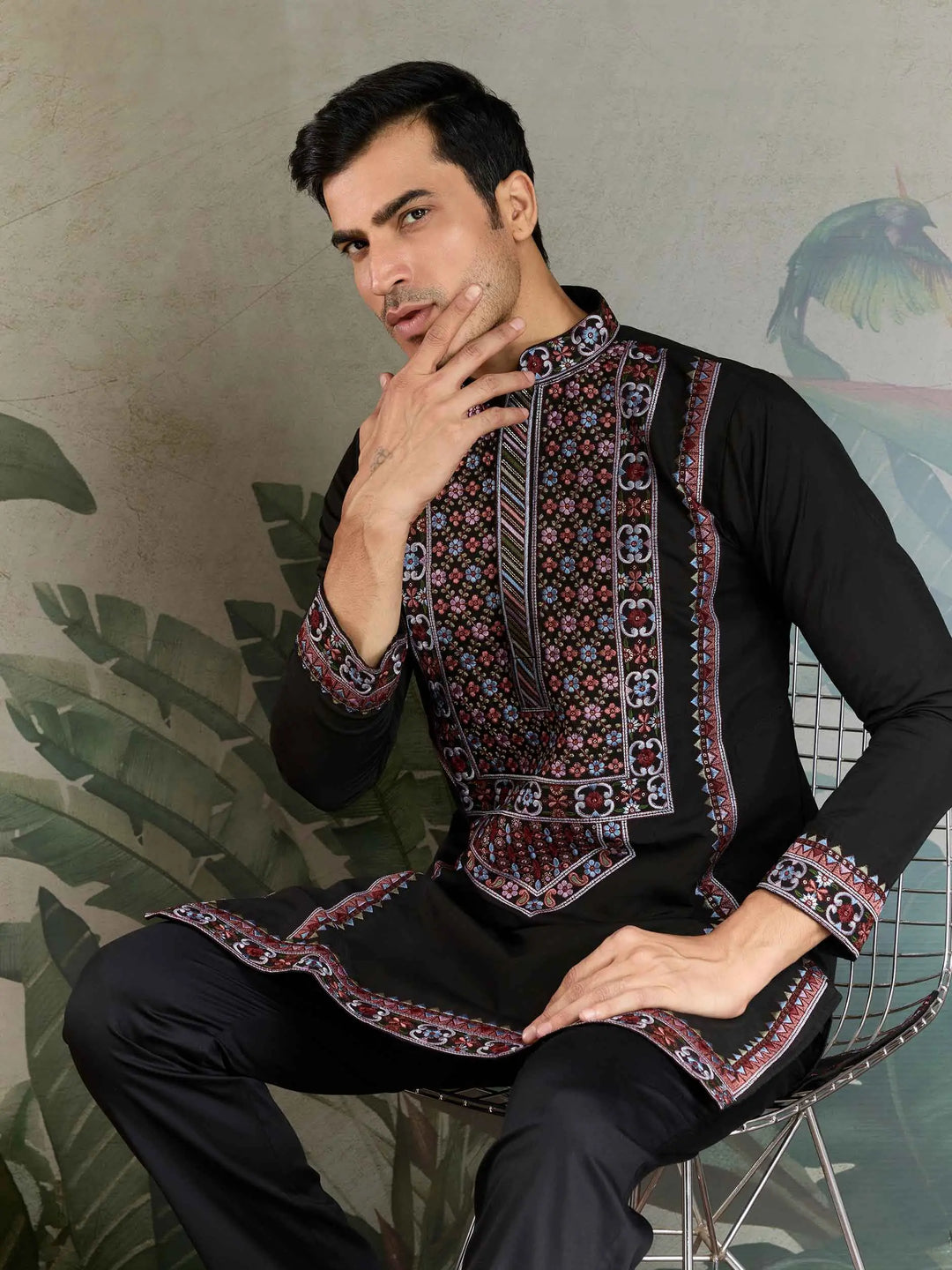 Black Festive Wear Kurta Set With Multi Thread Sequins Embroidery Work - qivii