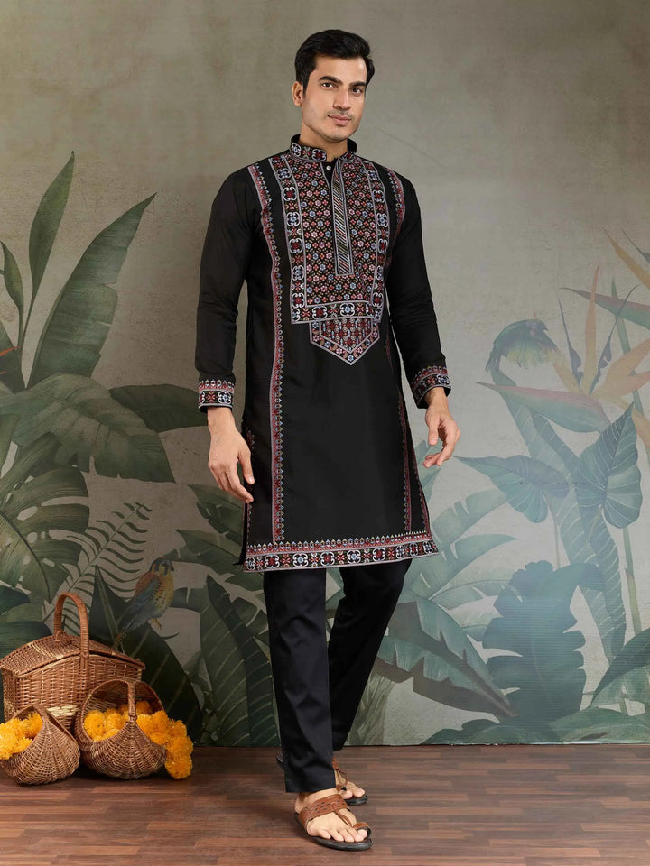 Black Festive Wear Kurta Set With Multi Thread Sequins Embroidery Work - qivii