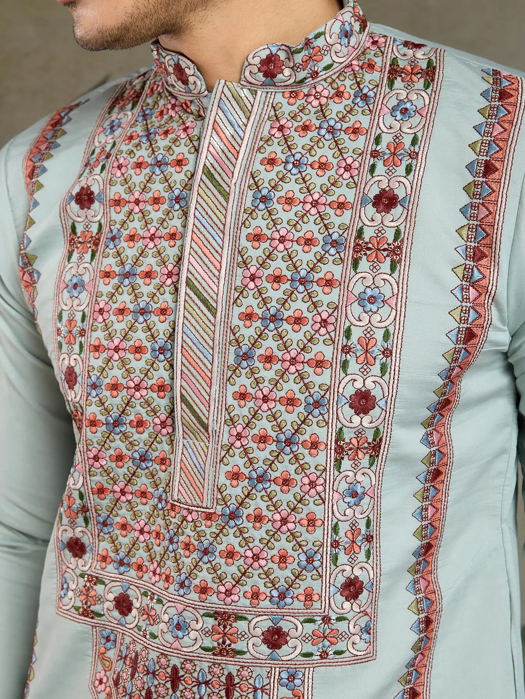 Sky Viscose Silk Thread & Sequence Embroidered Work Kurta With Bottom