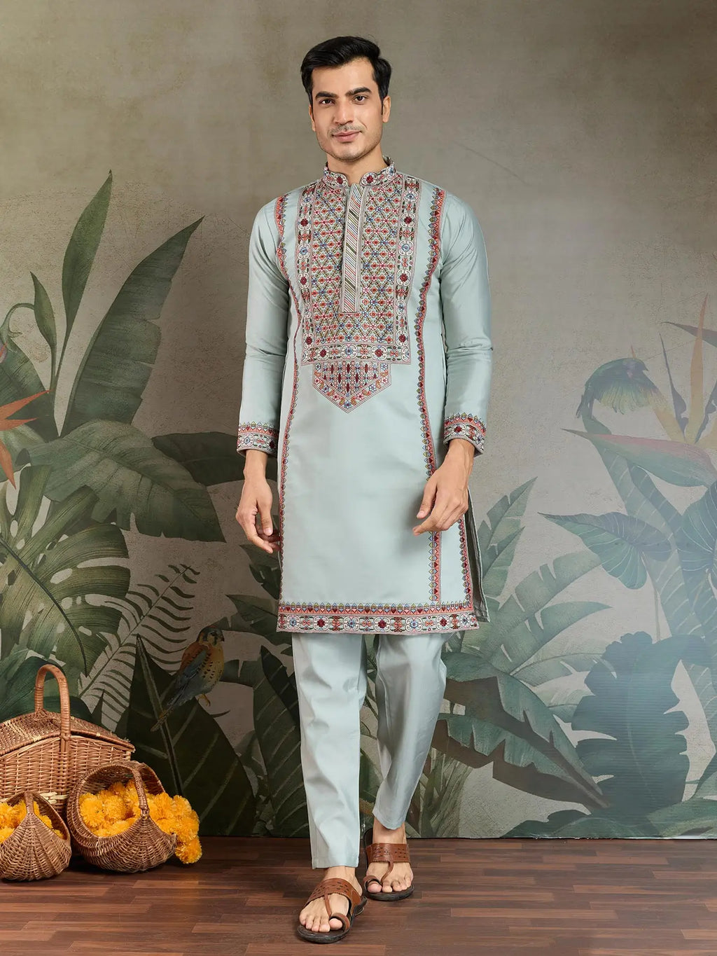 Sky Viscose Silk Thread & Sequence Embroidered Work Kurta With Bottom