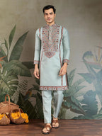 Sky Viscose Silk Thread & Sequence Embroidered Work Kurta With Bottom