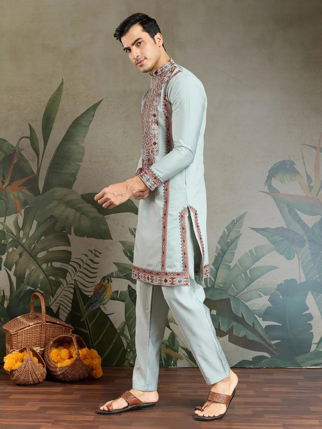Sky Viscose Silk Thread & Sequence Embroidered Work Kurta With Bottom