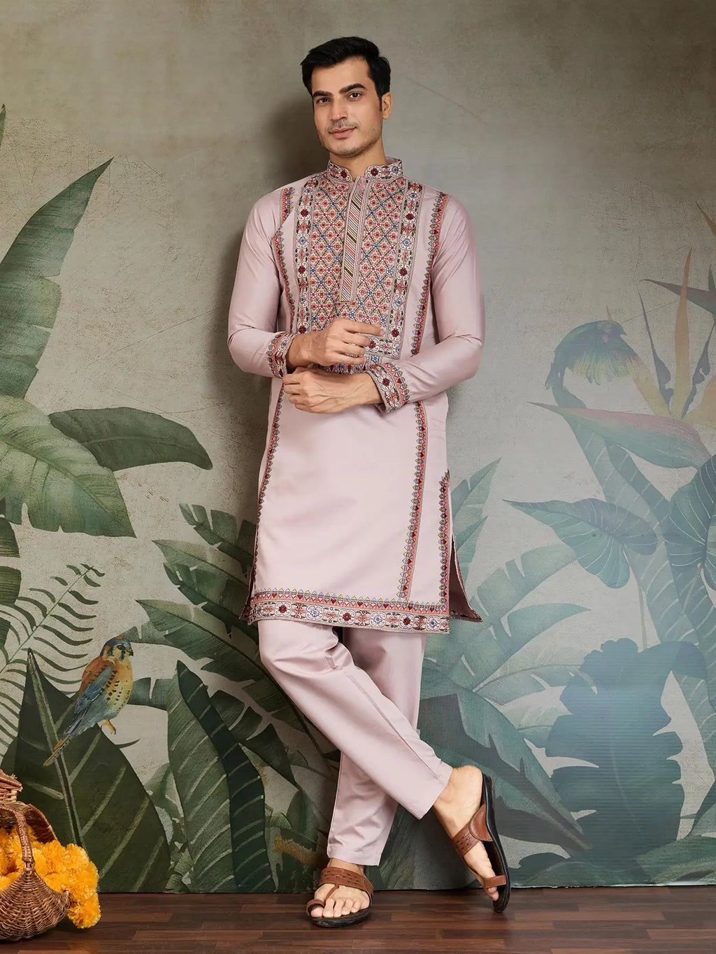 Peach Viscose Silk Thread & Sequence Embroidered Work Kurta With Bottom