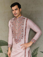 Peach Viscose Silk Thread & Sequence Embroidered Work Kurta With Bottom