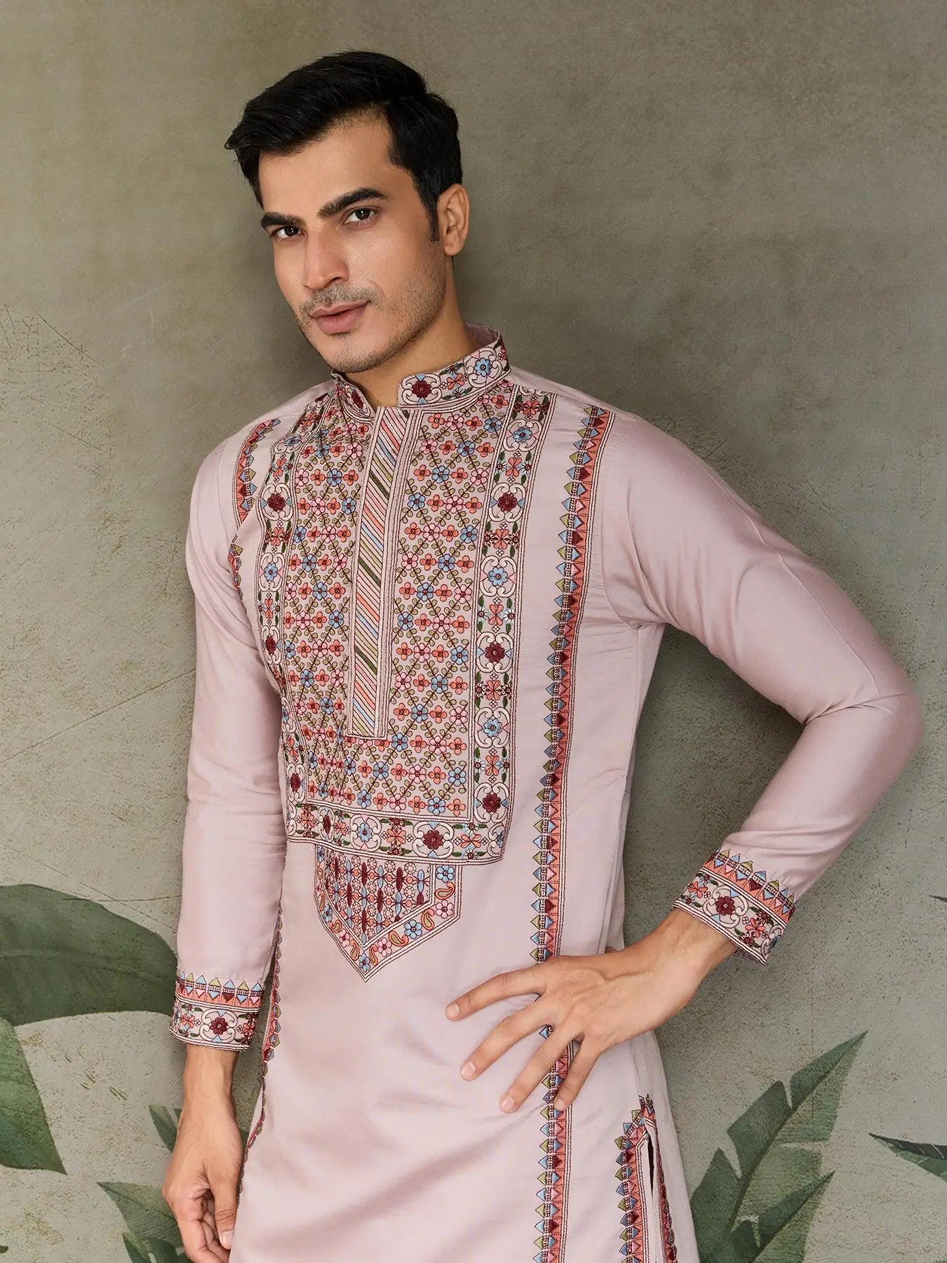 Peach Viscose Silk Thread & Sequence Embroidered Work Kurta With Bottom