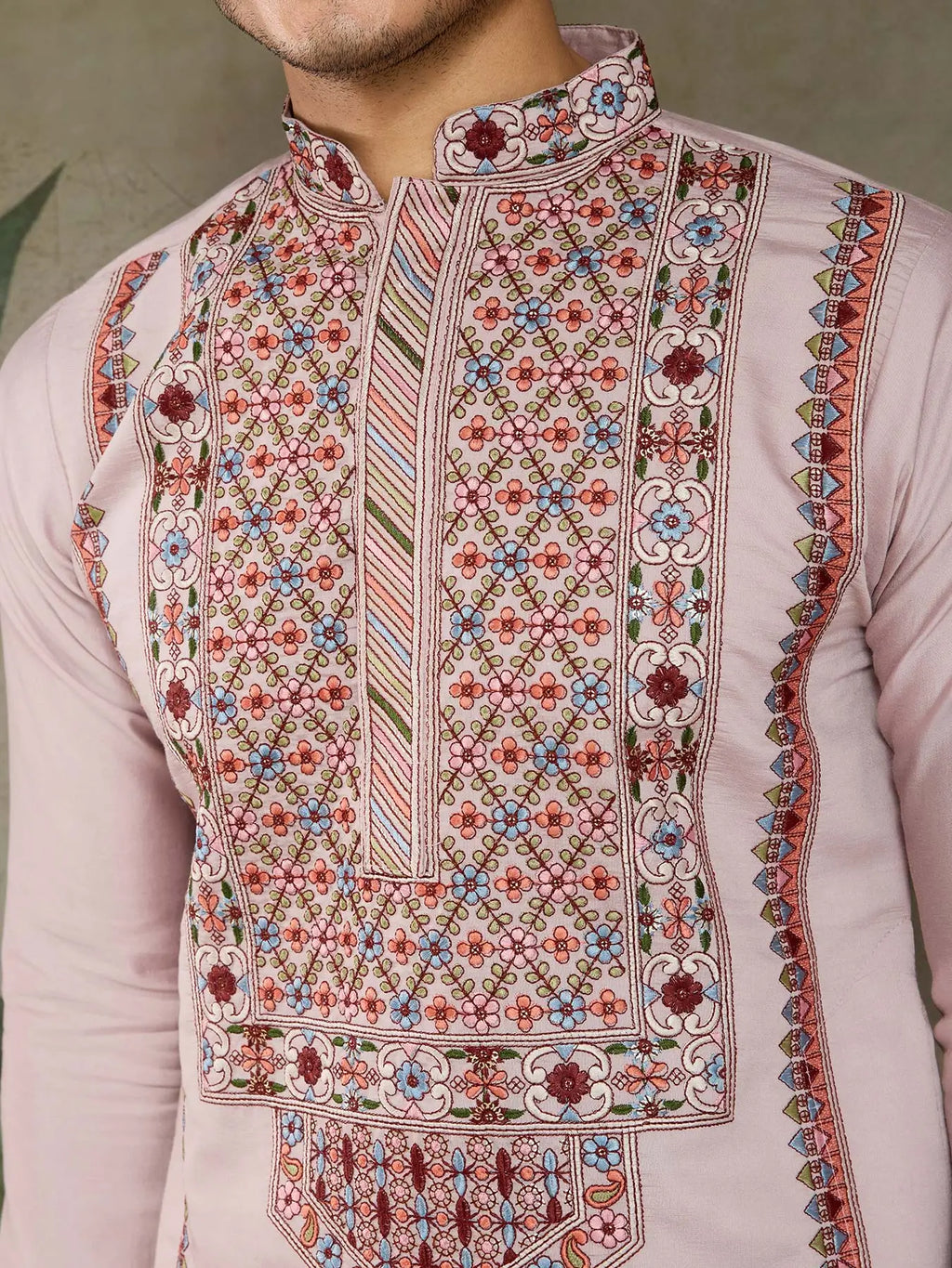 Peach Viscose Silk Thread & Sequence Embroidered Work Kurta With Bottom