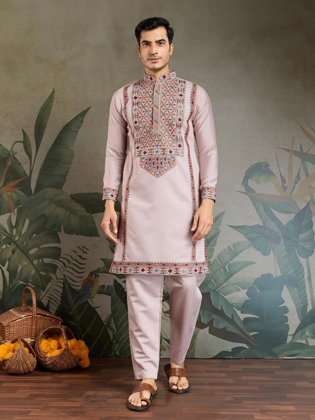 Peach Viscose Silk Thread & Sequence Embroidered Work Kurta With Bottom