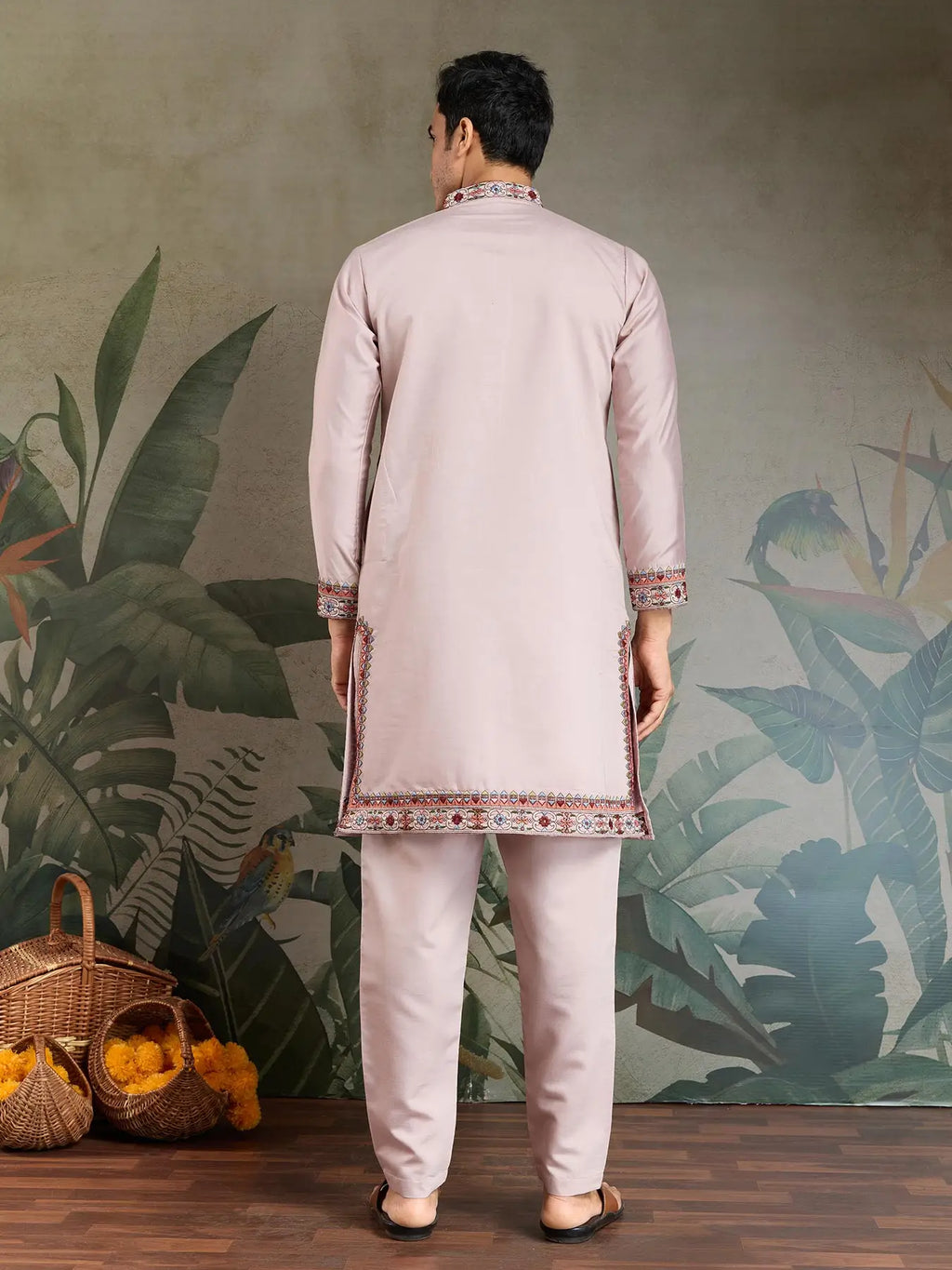 Peach Viscose Silk Thread & Sequence Embroidered Work Kurta With Bottom