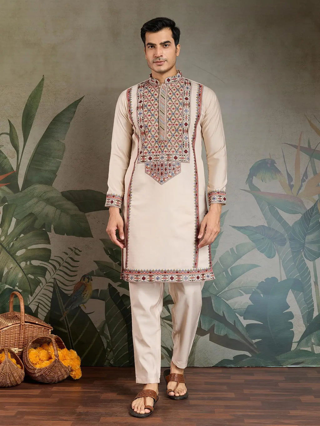 Begie Viscose Silk Thread & Sequence Embroidered Work Kurta With Bottom