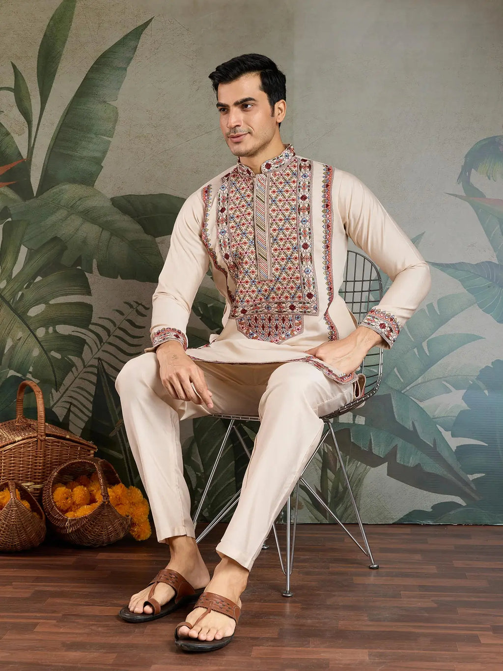 Begie Viscose Silk Thread & Sequence Embroidered Work Kurta With Bottom