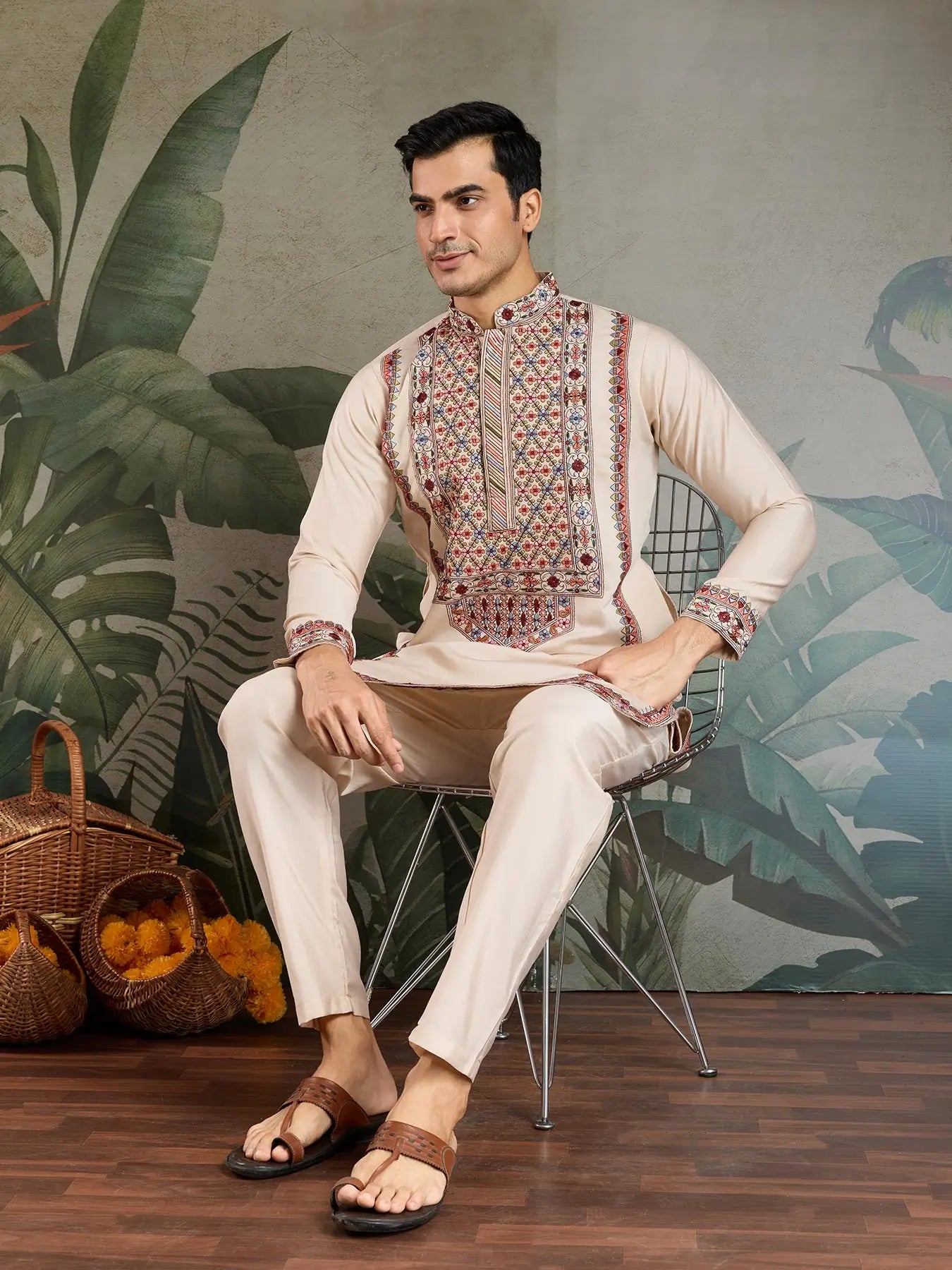 Begie Viscose Silk Thread & Sequence Embroidered Work Kurta With Bottom