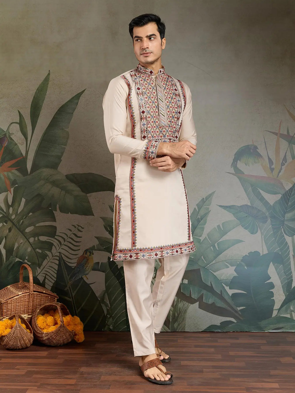 Begie Viscose Silk Thread & Sequence Embroidered Work Kurta With Bottom