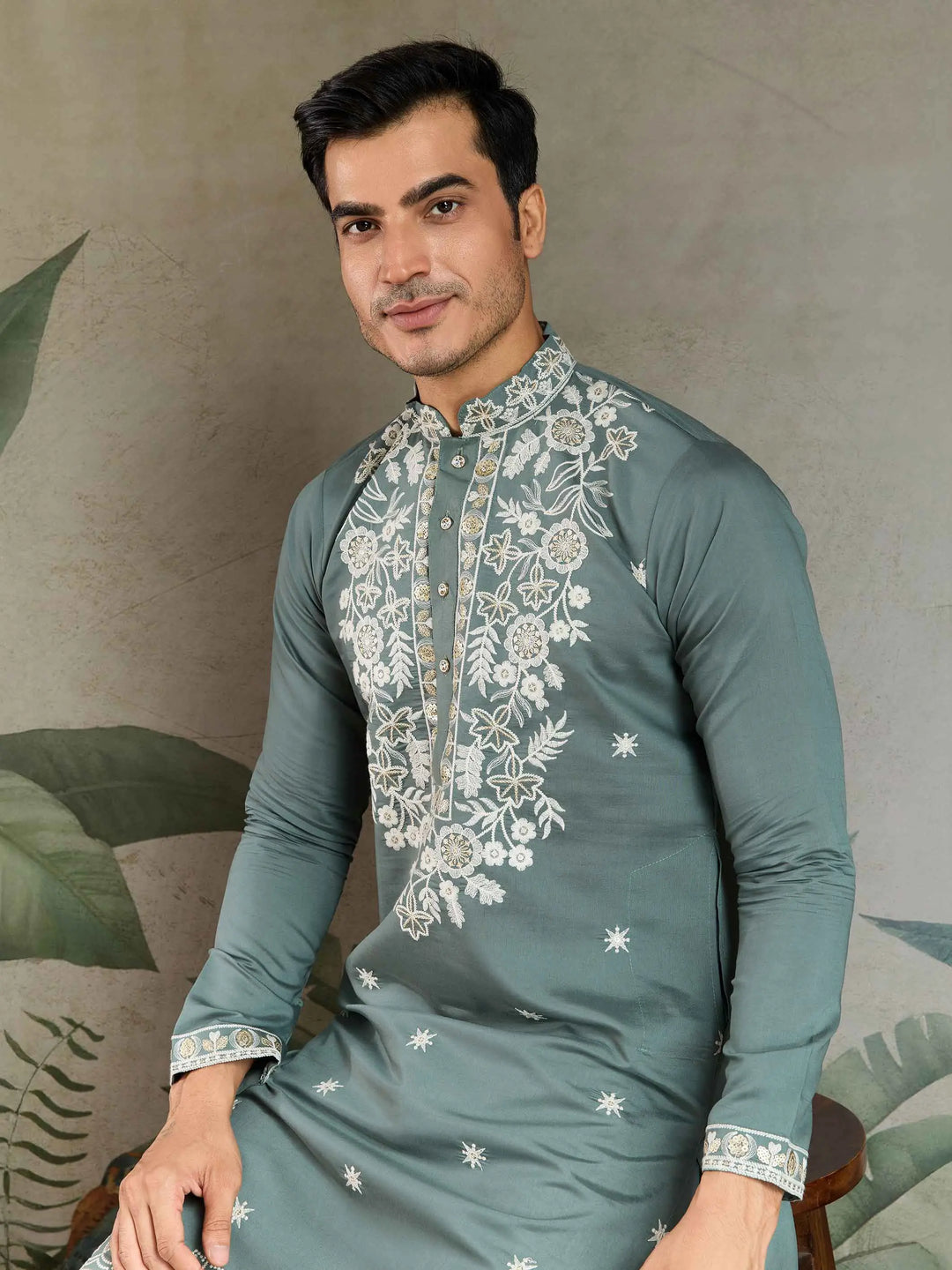 Pastel Pista Thread & Sequins Embroidery Work Rayon Kurta With Pant - qivii