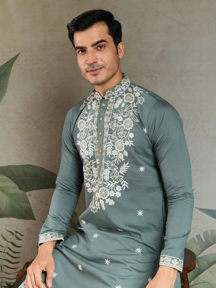 Pastel Pista Thread & Sequins Embroidery Work Rayon Kurta With Pant - qivii