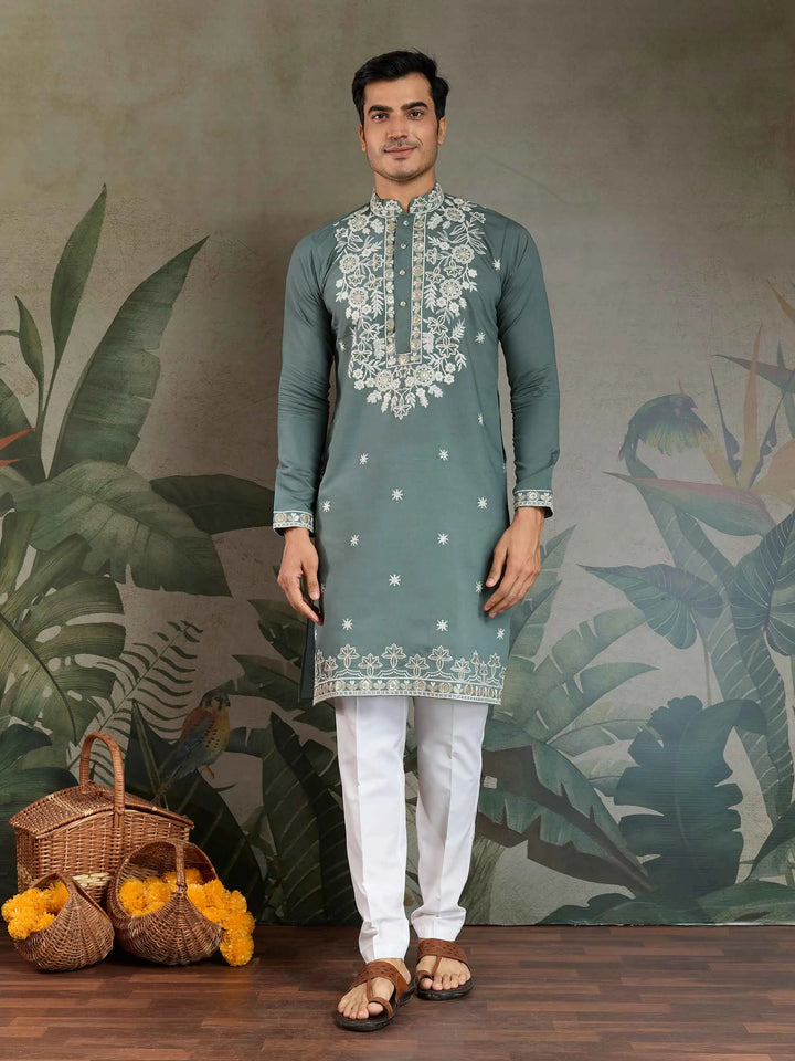 Pastel Pista Thread & Sequins Embroidery Work Rayon Kurta With Pant - qivii