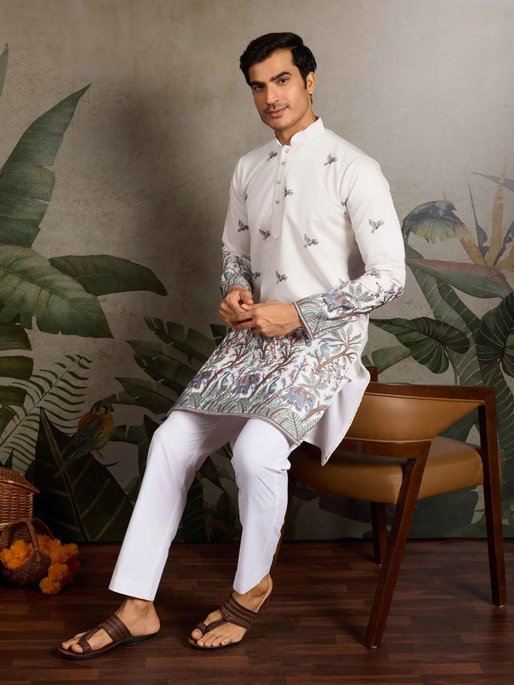 White Silk Kurta Set With Elephant Embroidery Motifs - qivii