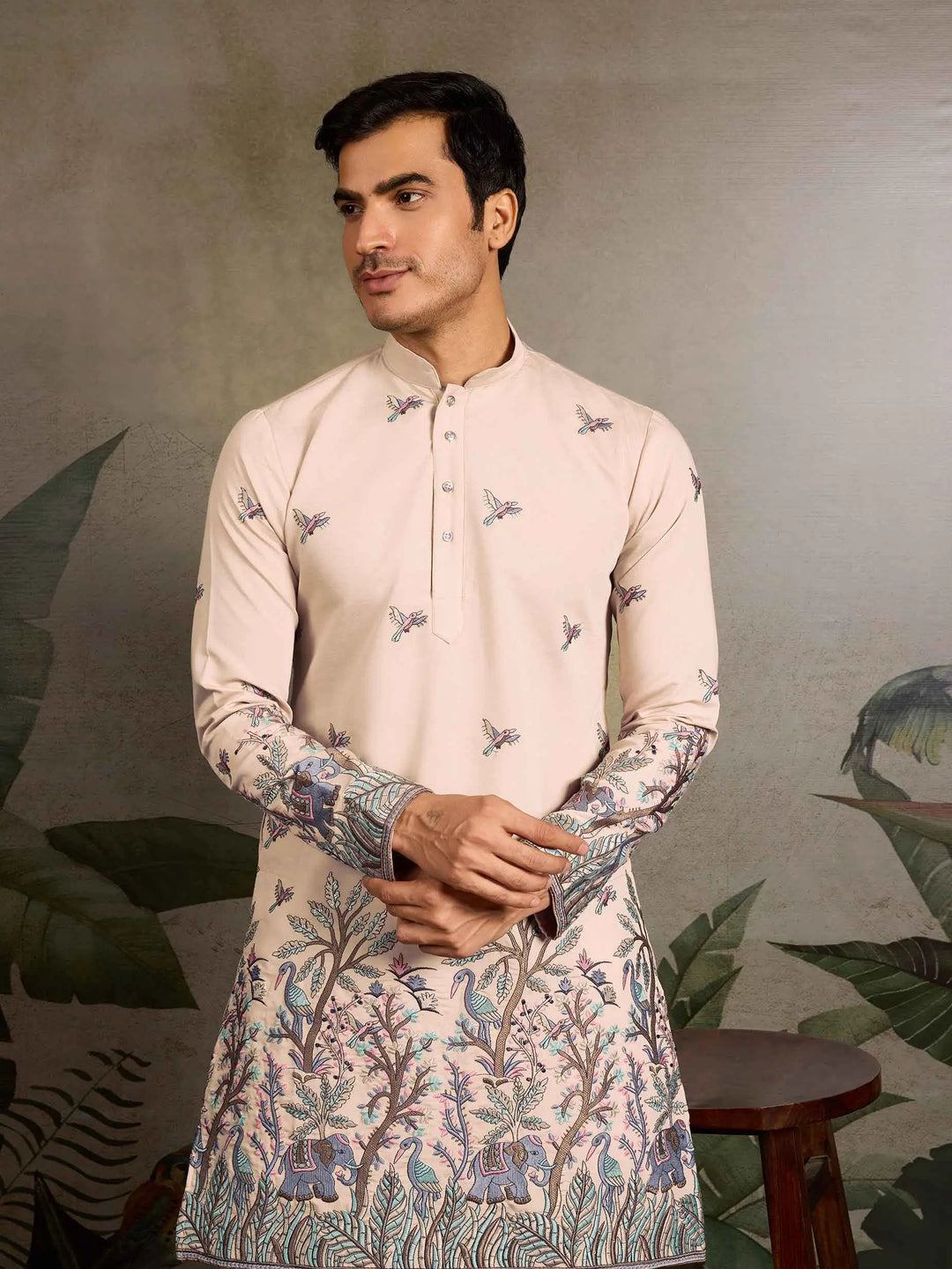 Beige Silk Kurta Set With Elephant Embroidery Work - qivii