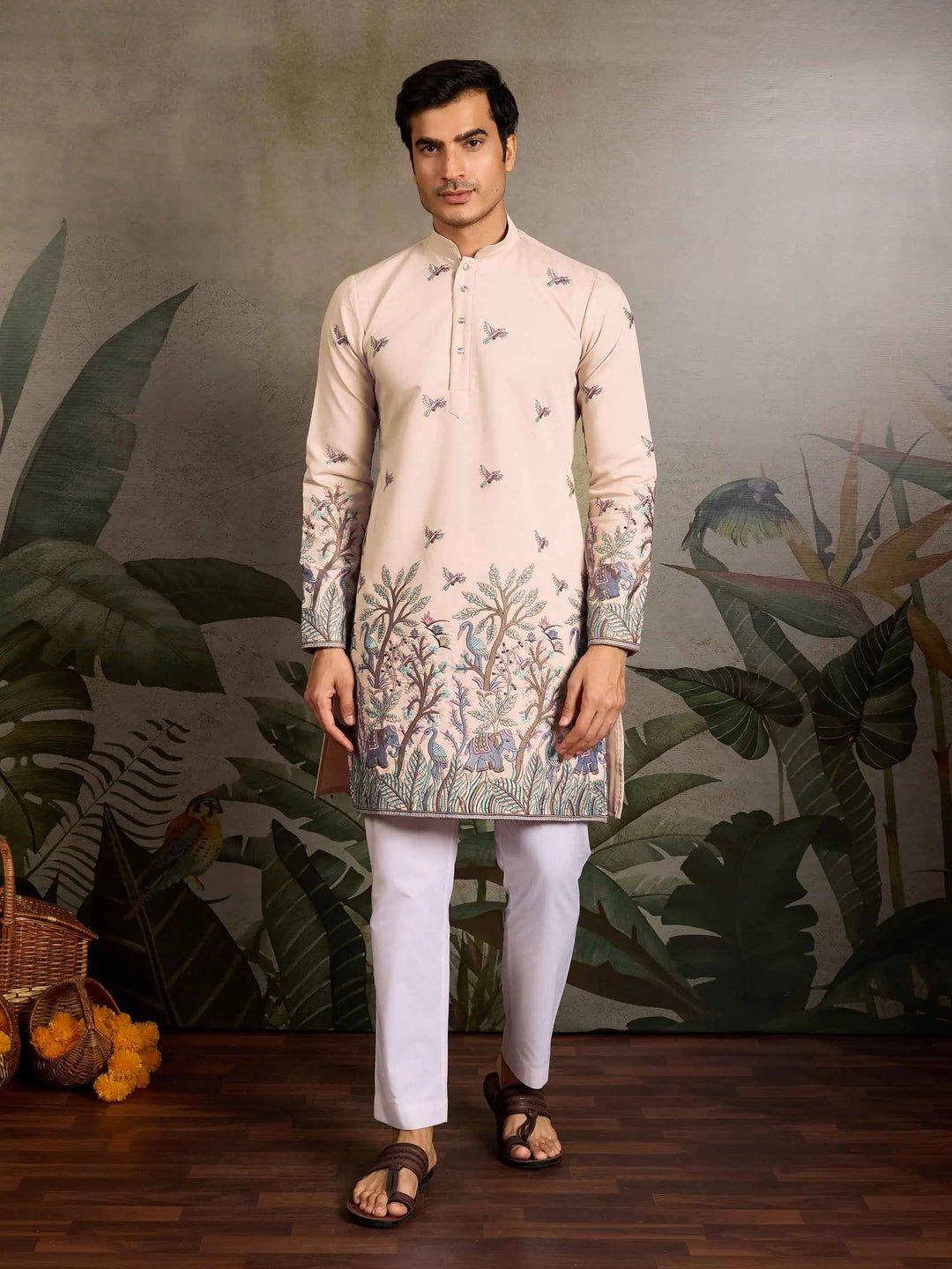 Beige Silk Kurta Set With Elephant Embroidery Work - qivii
