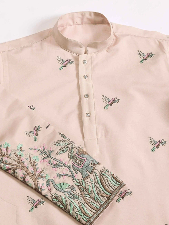 Beige Silk Kurta Set With Elephant Embroidery Work - qivii
