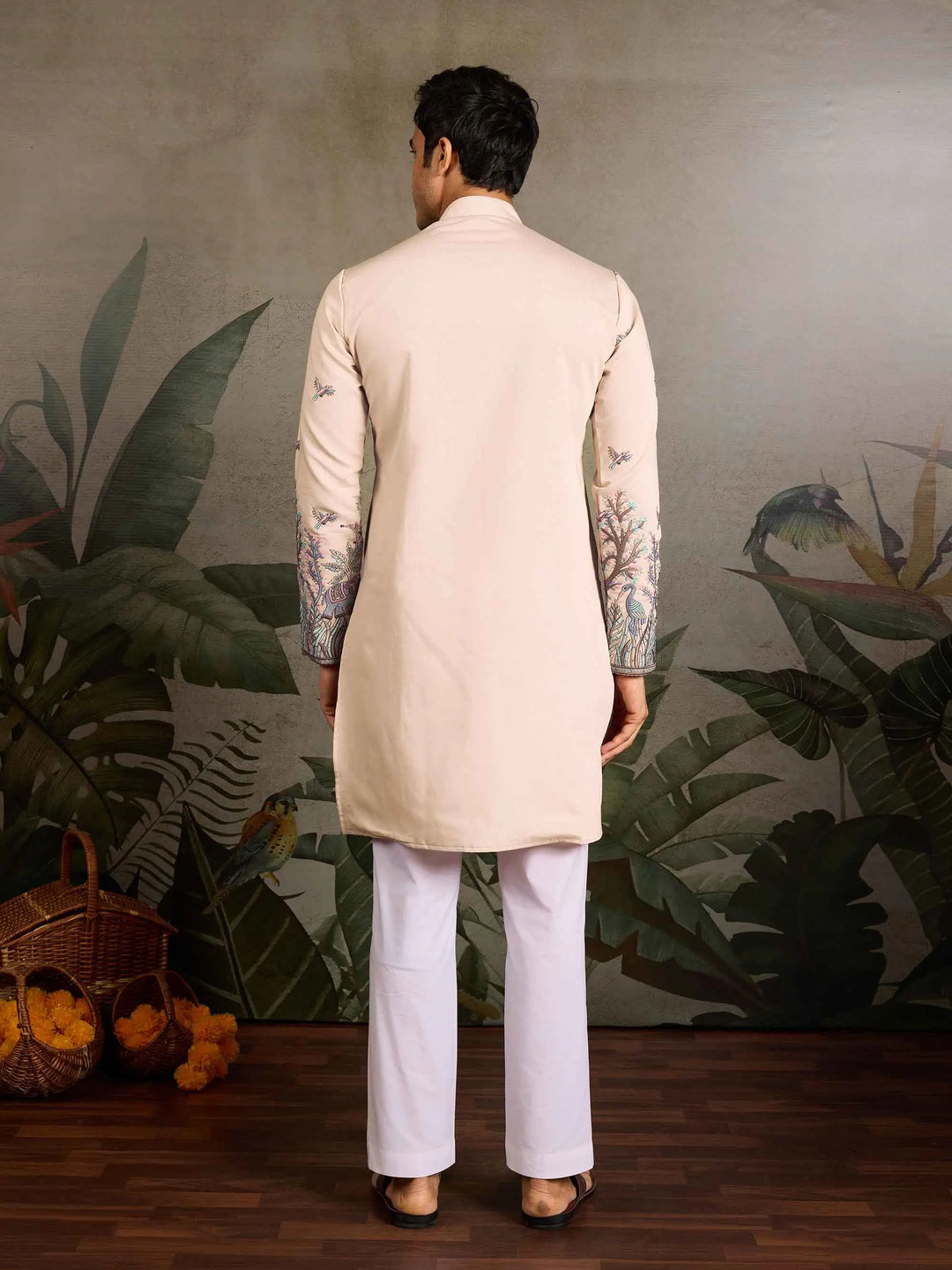 Beige Silk Kurta Set With Elephant Embroidery Work - qivii