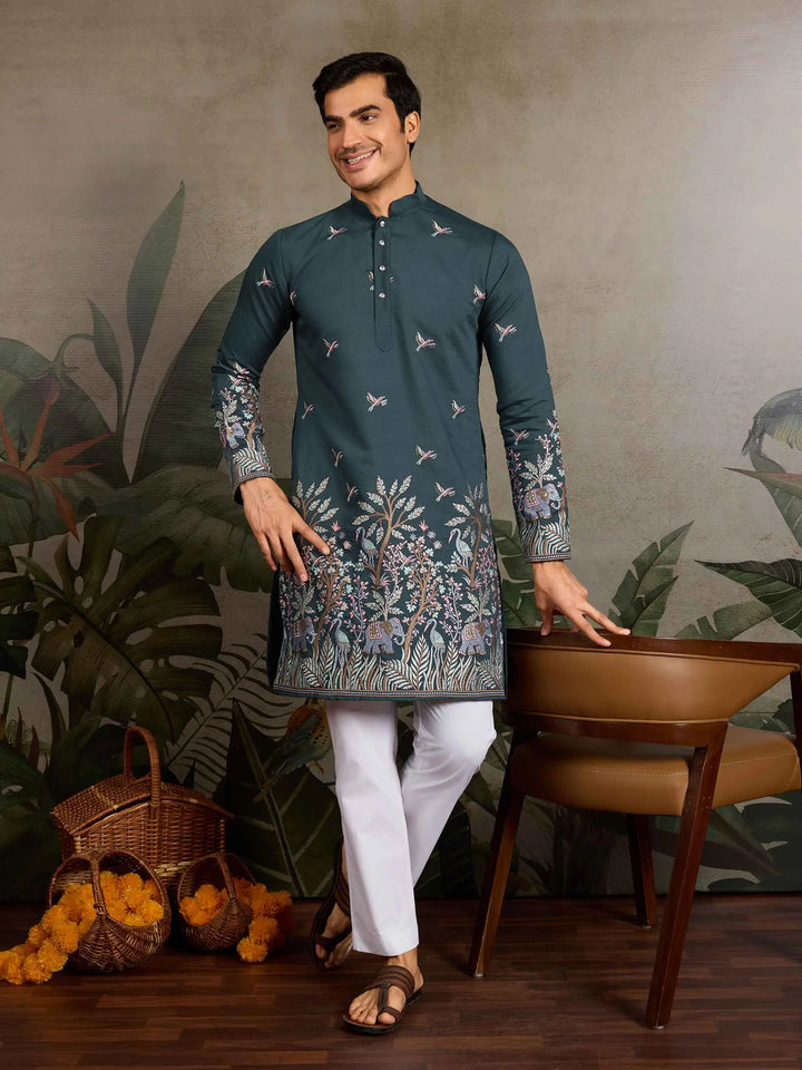 Teal Green Kurta Set With Elephant Embroidery Motifs - qivii