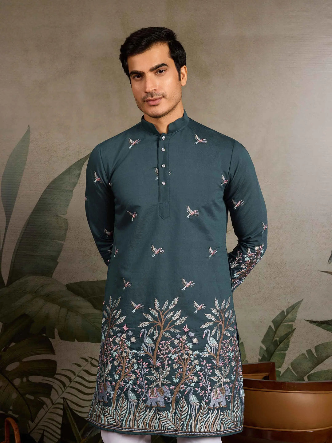 Teal Green Kurta Set With Elephant Embroidery Motifs - qivii