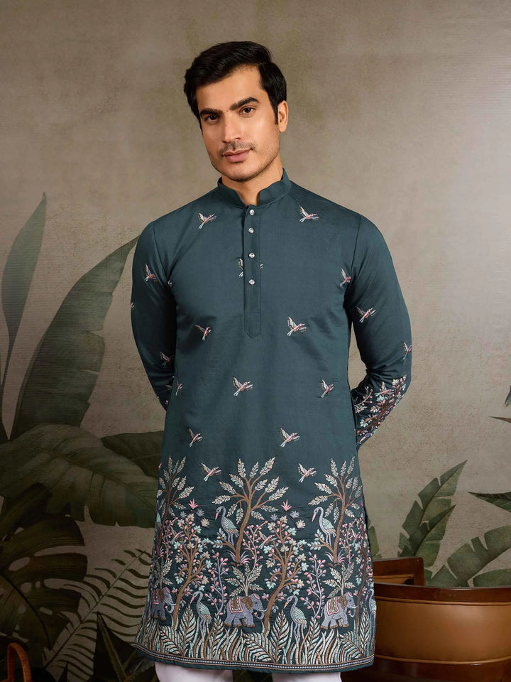 Teal Green Kurta Set With Elephant Embroidery Motifs - qivii