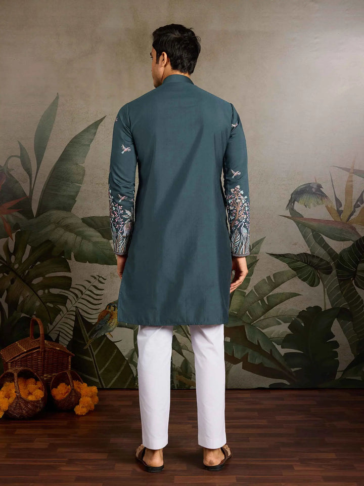 Teal Green Kurta Set With Elephant Embroidery Motifs - qivii