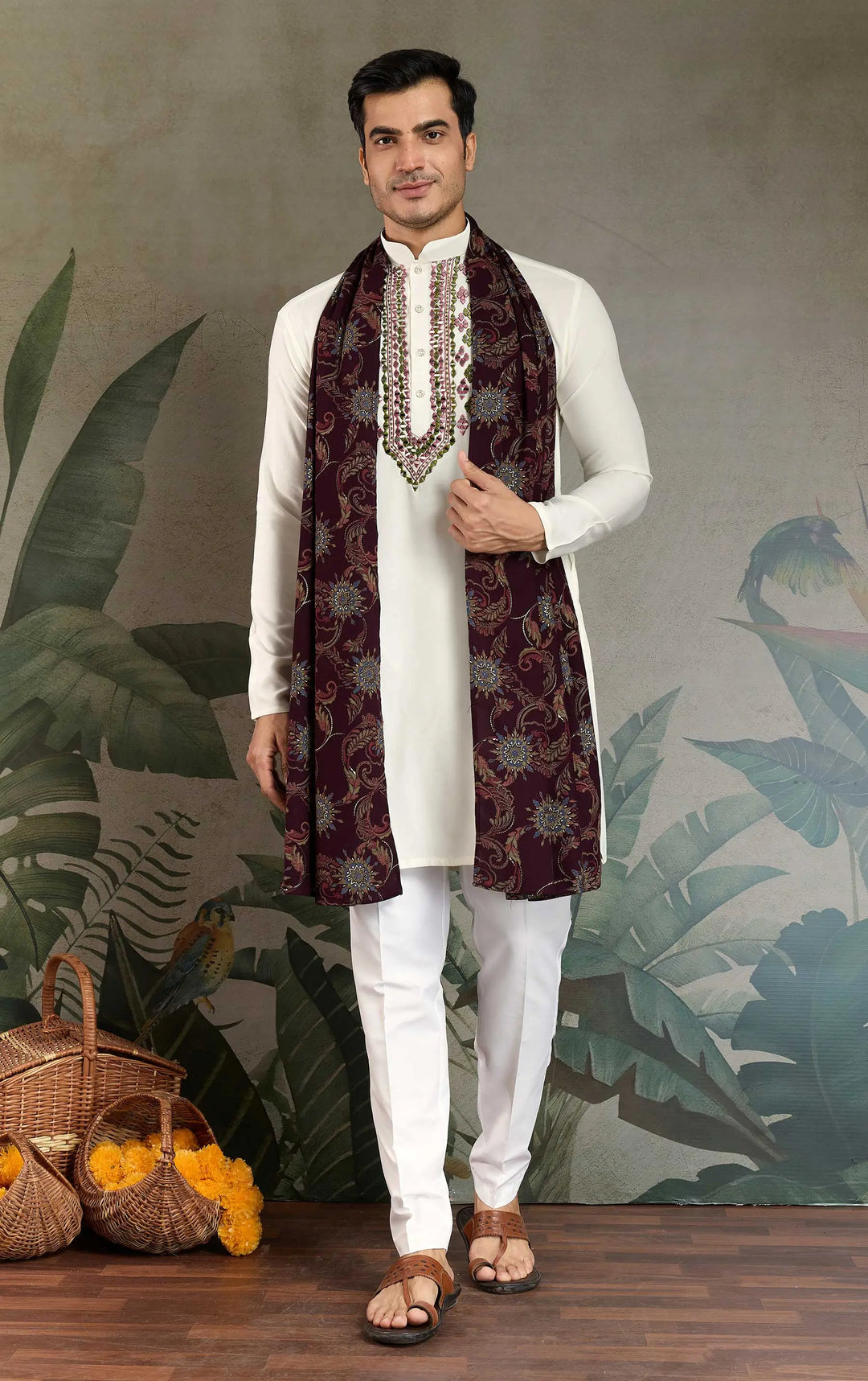 White Viscose Silk Thread, Sequence Embroidered with Mirror Work Kurta With Pant & Dupatta - qivii