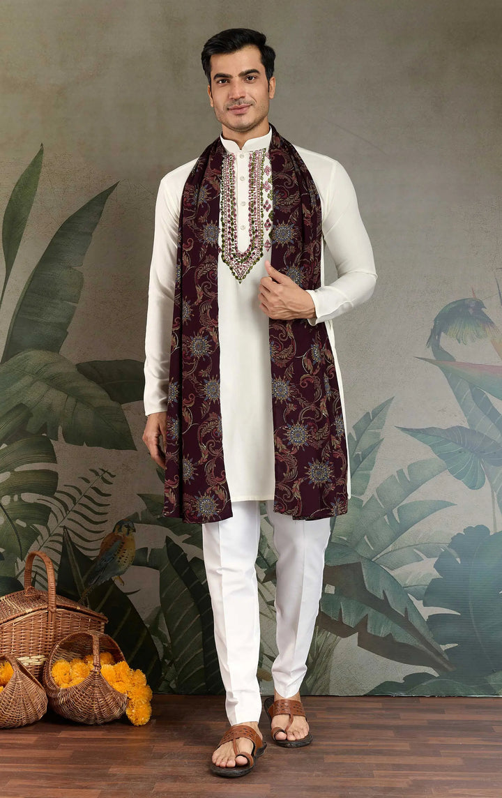 White Viscose Silk Thread, Sequence Embroidered with Mirror Work Kurta With Pant & Dupatta - qivii
