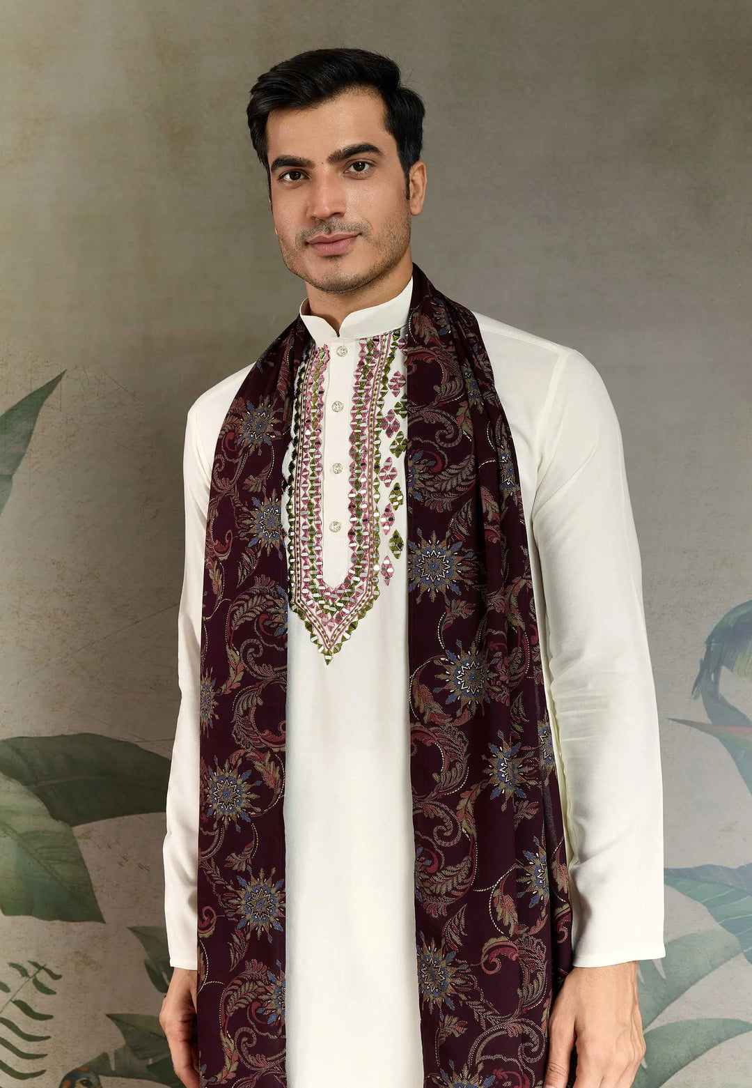 White Viscose Silk Thread, Sequence Embroidered with Mirror Work Kurta With Pant & Dupatta - qivii
