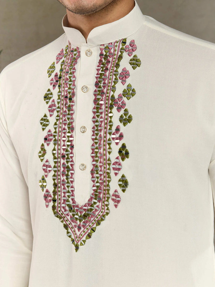 White Viscose Silk Thread, Sequence Embroidered with Mirror Work Kurta With Pant & Dupatta - qivii